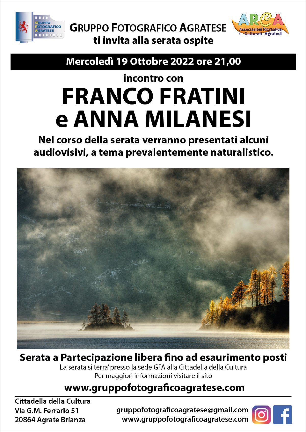 19 Ottobre, ore 21 – serata in sede con le immagini di Franco Fratini e i testi di Anna Milanesi
